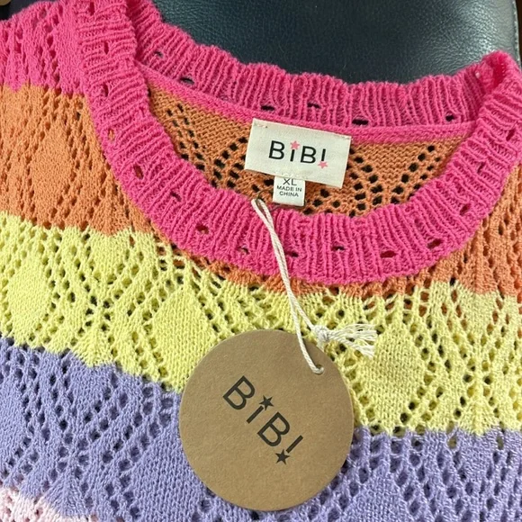 NWT BiBi Open Knit Bright Pink Purple Striped Ruffle Sleeve Easter Sweater Sz XL - Picture 7 of 7